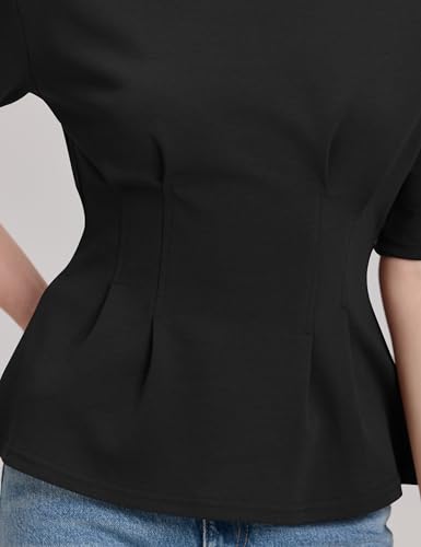 DATAMOUNT Women's Peplum Top, Cinched Waist Short Sleeve Crew Neck Black - image 6