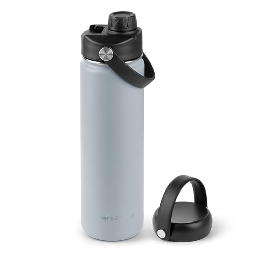 Image of ThermoProof Double-Walled Vacuum Insulated Stainless Steel Water Bottle - Wide Mouth with Chug & Spout Lids, Dishwasher Safe, Reusable, Leakproof, Hot & Cold for Men, Women & Kids - 22oz, Light Gray