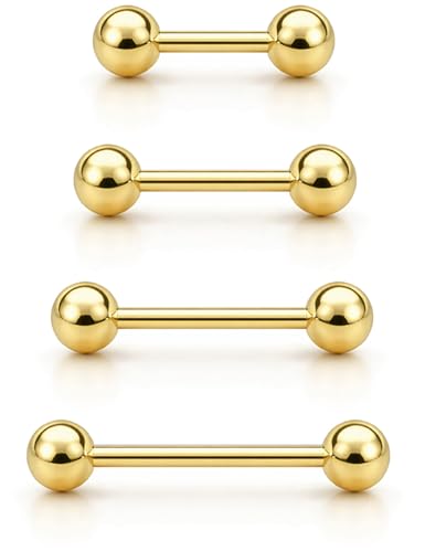 14K Gold Plated Tongue Rings For Women 14g Set - 4pcs 316LVM Surgical Steel Gold Tongue Ring For Tongue Piercings And Snake Eyes Piercing Tongue Piercing Jewelry 10mm (3/8) 12mm (1/2) 14mm (9/16) 16mm (5/8)