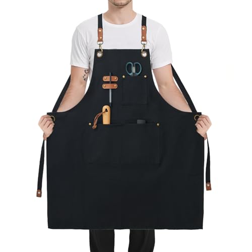 Tablier en Toile Grande Taille pour Hommes Femmes, Tablier de Travail Lourd à Bretelles Croisées Ajustables et Grandes Poches Tabliers de Chef pour Serveurs...
