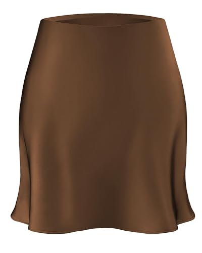 Women's Satin Mini Skirt Elastic High Waisted Silk A-Line Flared Elegant Fishtail Short Skirts for Casual Party Club (Coffee Brown, Small)