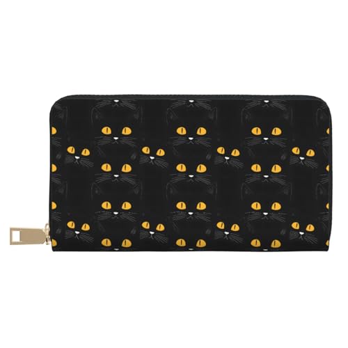 Leather Thin Slim Wallets for Women Men - Fashion Cat Black Cute Print Card Wallet Holder with Zipper