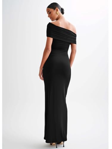LAGSHIAN Women's Elegant Formal Maxi Dress Off Shoulder Ruched Sleeveless Bodycon Evening Long Dresses2