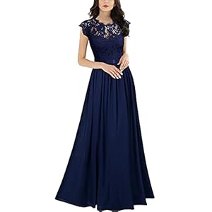Miusol Women's Formal Floral Lace Evening Party Maxi Dress (Large, Navy Blue)