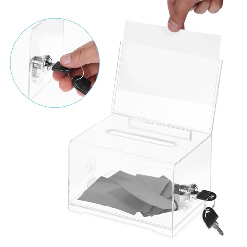Acrylspendenbox, Spendenbox Abschließbar, Wahlurne Transparent mit Schlüssel Schloss und Schildhalter, Vorschlagsbox, für Abstimmungen, Visitenkarten, Gewinnspiele, Wettbewerbe, Kommentare