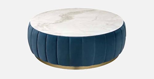 Image of Modern Round Coffee Table | Solid Wood Base with Upholstered Design and Marble Top | Stylish Center Table for Living Room