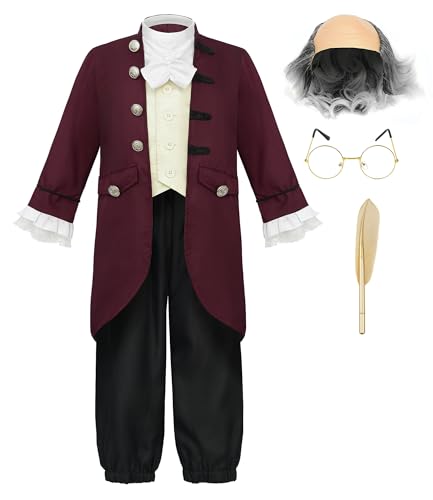 JerrisApparel Boys Colonial Costume Founding Father 18th Century Historical Outfit Halloween School Play (7-8 years/140cm Burgundy)