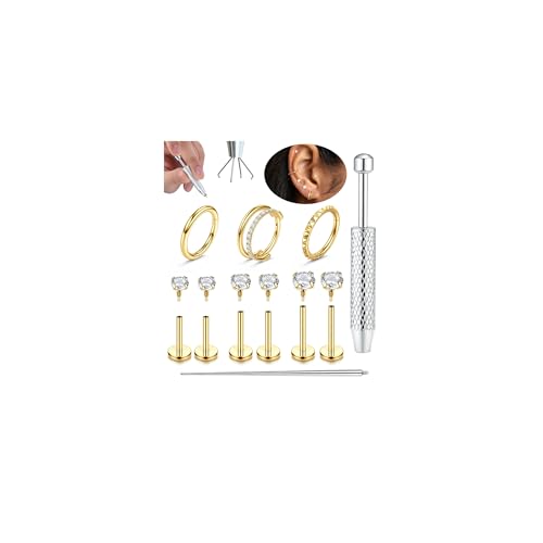 Fansilver Tragus Helix Conch Piercing Jewelry - 18G Flat Back Stud & Hoop Earrings for Women 316L Surgical Steel Cartilage Earrings with Internal Thread CZ Hypoallergenic Nose Lip Rings Gold