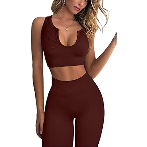 FAFOFA Workout Outfits for Women 2 Piece Ribbed Seamless Crop Tank High Waist Yoga Leggings Sets, Coffee, XS Cover