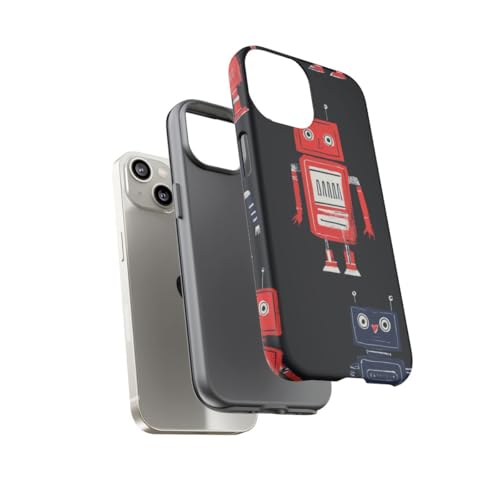 Coque iPhone 14 robot rétro rigide mate rouge bleu pour smartphone