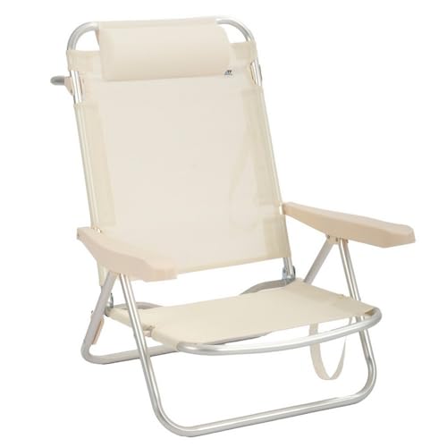 LOLAhome Silla Playa Plegable con cojín Beige, Silla Camping, Silla Baja reclinable 4 Posiciones, Silla Aluminio con Respaldo-Asiento textileno Transpirable, Silla fácil Transporte.