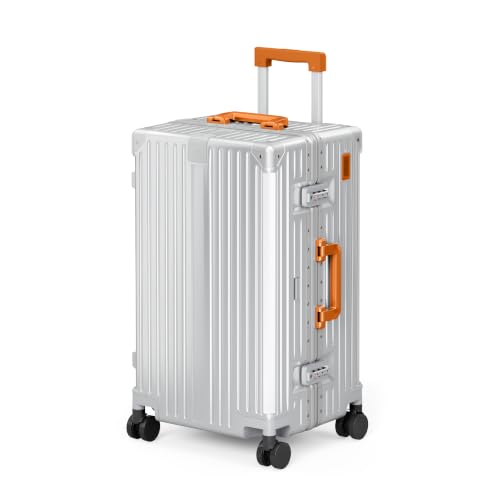 Image of ALPHA CAMP Trunk Luggage 24 Inch with Aluminum Frame Zipperless Suitcase | Medium Checked Thickened 3-Layer PC Hardshell with TSA Lock,Charging Port, Cup Holder and Spinner Wheels for Domestic Travel