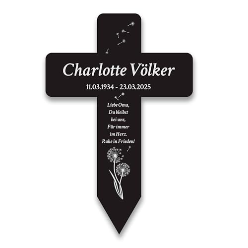 LAUBLUST Personalisiertes Acryl-Grabkreuz als Grabschmuck für Menschen mit Wunschtext | Grabstecker Kreuz mit Gravur als Deko & Grabkreuz mit Name - Pusteblume Motiv, 2 Größen | Grabschmuck mit Name