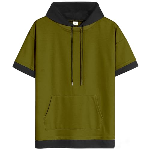 Mens Short Sleeve Hoodie Soft Cotton Color Block Moisture Wicking Big Pocket Streetwear Short Sleeve Sweatshirt