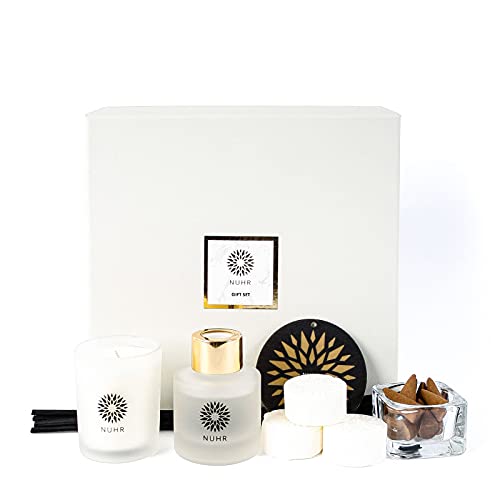 Image of NUHR Home Pack of 4 Mini Home Hamper Gift Set - Rose & Oud with Multi Note fragrance, Reed Diffuser with Votive Candles, Wax Melts, Cones & Scent Card