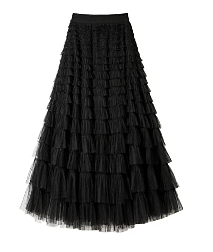 Femiserah Women's Ruffle Tiered Tulle Long Skirt Layered Pleated Mesh Maxi Princess Skirt