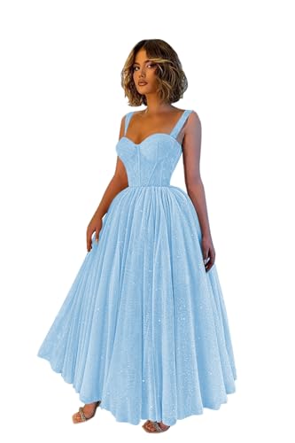 POMUYOO Women's Glitter Tulle Prom Dress 2025 Long Ball Gown Spaghetti Straps Formal Evening Dresses YG296
