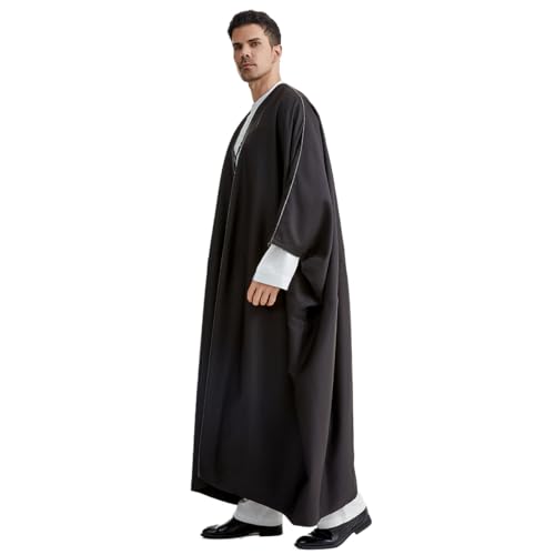 Muslim Men's Pure Color Long Sleeves Bisht Cardigan Robe Ramadan Eid Thobe (Black, Medium)3