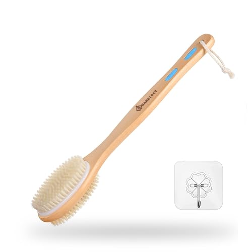 Hanstock Back Scrubber, 43cm Long Wooden Double-Sided Shower Body Brush with Soft Bristles For Sensitive Skin and Stiff Bristles for Exfoliating Skin