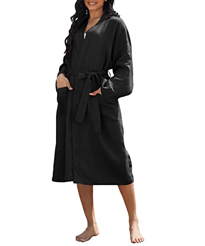 Image of Amazhiyu Womens Pure Linen Mid Length Kimono Robes Lightweight Long Sleeve Bathrobe