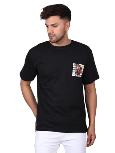 Image of Dragon's Lair Men's Printed Round Neck Pure Cotton Black T-Shirt for a Bold and Mystical Look