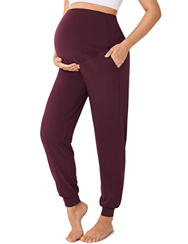 Gratlin Pantalones de Maternidad con Bolsillos Pantalones Casuales de Yoga Embarazo para Mujer Morado Borgoña 40 Cover