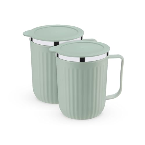 Image of Trueware Frost Unbreakable Mugs with Cap Stainless Steel Plastic Covered Travel Mug with lid for Tea, Coffee, Milk 400 ml (Green)
