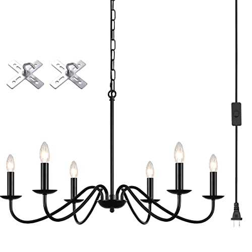 Image of Plug in Chandelier Black, 6 Lights Plug in Pendant Hanging Light Fixtures