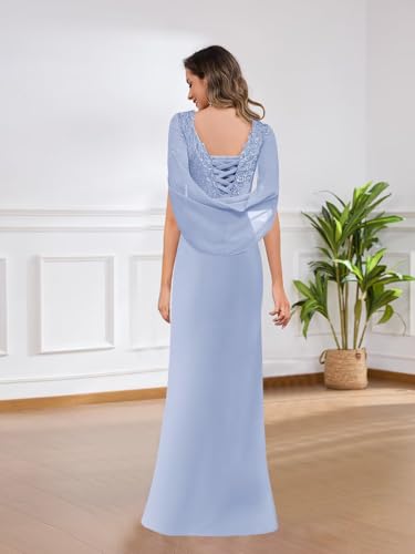 Lace Applique Mother of The Bride Dresses for Women V Neck Mermaid Ruffle Formal Evening Gown with Cape Sleeve3