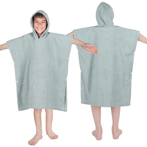 Image of Superior Kids Cotton Terry Poncho, Soft, Absorbent Bath Towel with Hood, Bathroom Accessories, Long, Plush Bathrobes for Bath, Shower, Spa, Resort, Hotel, Beach, Pool, Boy, Girl, Large Size, Sage