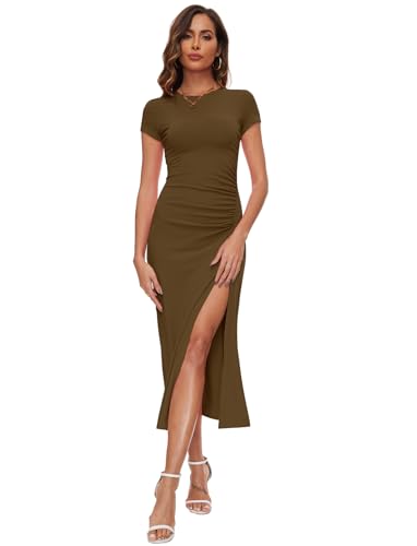 Image of NOVANDO Casual Short Sleeve Ruched Cotton Bodycon Midi Dress for Women 2024 Summer Crew Neck Party Club T Shirt Dress