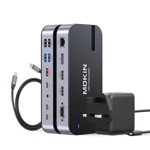 MOKiN USB C Docking Station Dual Monitor with 65W Power Adapter 15 in 1 Laptop Docking Station Quad Monitor USB C Dock with Dual HDMI DisplayPort VGA 6 Type-C/A RJ45 100W PD Audio SD/microSD