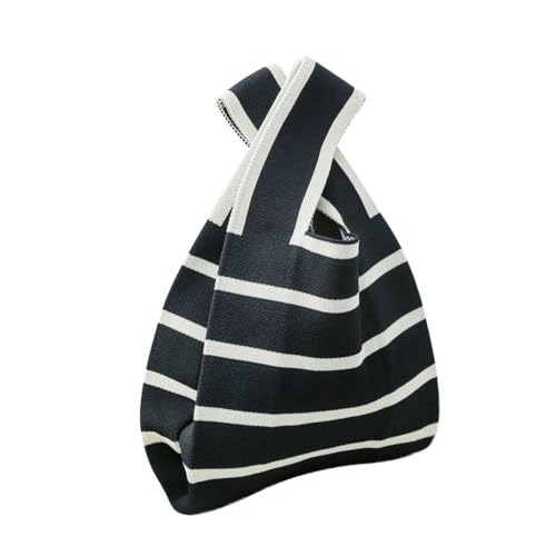 Knit Woven Tote Bag for Women Wristlet Handbags Pouch for Purse Phone Clutch Bag Pocketbook Handle Crochet Bags Small Black+white Bar