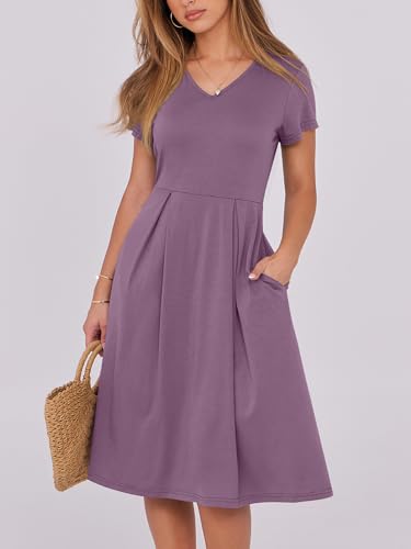 Image of ANRABESS Women Summer Dress Casual Short Sleeve V Neck A-Line Knee Length Pleated Flowy 2026 Fashion Midi Dresses with Pocket