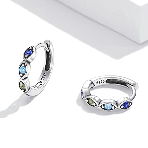 Rainbow Evil Eye Small Hoop Earrings Sterling Silver 925 Colorful Crystal Rhinestone CZ 10mm Cartilage Round Huggie Hoops Tragus Earring Fashion Jewelry Gifts for Women Girls4