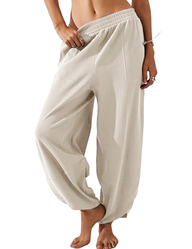 Image of Himosyber Women Cotton Pants Wide Leg Pants Casual Loose Baggy Elastic Waist Beach Palazzo Harem Pants