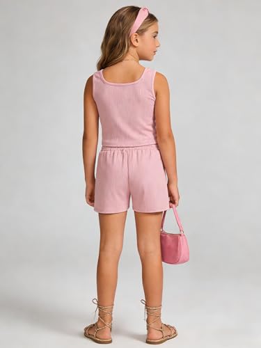 Image of Cakaner Tween Girls 2 Piece Outfit Set Summer Tank Top and Elastic Waist Shorts with Belt Size 7-14