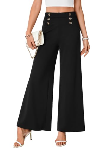 LYANER Women's Casual Wide Leg Pants High Waist Elastic Side Zipped Palazzo Business Trousers with Button Decorated