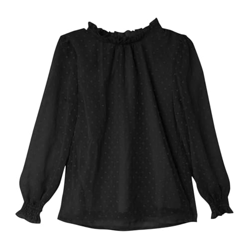 Girls Long Sleeve Chiffon Shirts Polka Dot Frill Neck Casual Loose Blouses Puff Pleated Formal Tee Comfortable Top2