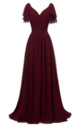 Image of Yexinbridal Ruffle Sleeves Bridesmaid Dresses V-Neck Chiffon Long Formal Wedding Evening Party Gowns for Women