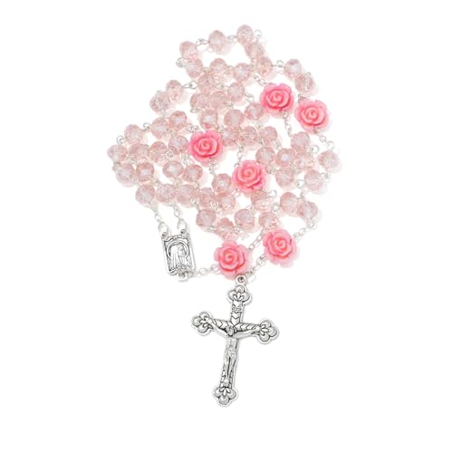 KMIMO Chapelet Catholique en Cristal Rose avec Jésus Crucifix et Médaille de Lourdes, Perles de 8 mm et Pochette Rosaire pour Femmes