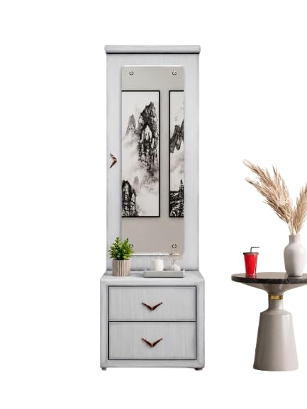 Modern Dressing Table with Mirror & 2 Storage Drawers | Wooden Makeup Vanity Table with Open Shelves | Bedroom Vanity Desk with Mirror | Engineered Wood | White Finish 18x12x74 Inch-image-5