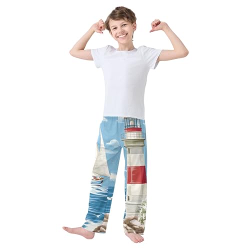 ZZXXB Sailboat Lighthouse Oil Painting Boys Long Pants Soft Trousers Elastic Waist Kids Lounge Bottoms with Pockets S-XL3