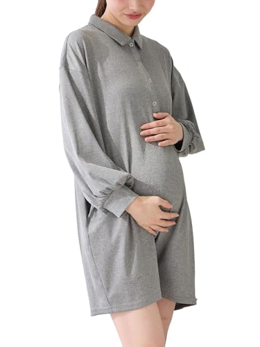[ANGELIEBE エンジェリーベ] マタニティ パジャマ オールインワン ハーフパンツ ルームウェア 長袖 産前 産後 妊婦服 授乳 ポケット付き L 杢グレー