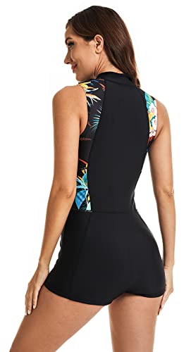 FEOYA Women’s Sleeveless One Piece Swimsuit Boyleg Dive Skin Rashguard Printed Surfing Bathing Suit2