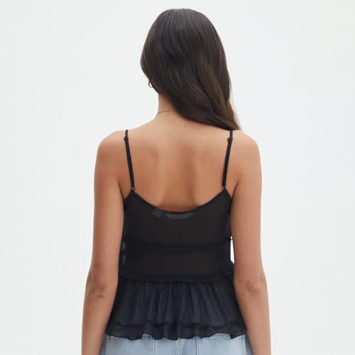 Women Y2K Ruffle Trim Cami Top Sexy Solid Color Sheer Mesh See Through Pleated Tank Top Summer Tie Front Camisole3