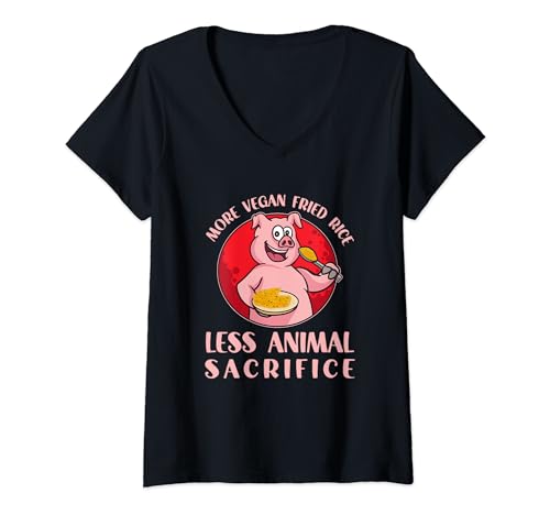 Femme Plus de riz végétalien chinois cochon mignon animal amusant végétarien T-Shirt avec Col en V