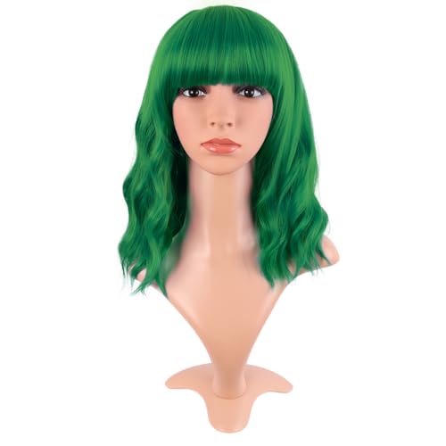 MapofBeauty 14 Inch/35 cm Short Wavy Curly Women Fresh Bright Synthetic Ordinary Flat Bangs Bob Wig (Grass Green)