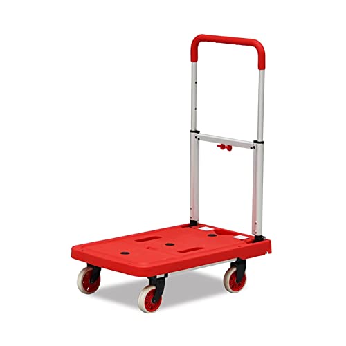 フラットベッドハンドカート プラットフォーム トラック 丈夫なプラスチックパネル付き 手荷物小包 移動 輸送用 調節可能なハンドル 折りたたみ式 手とホイール プッシュカート 高耐久 フラットベッドカート (カラー: レッド)