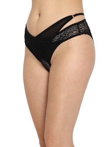 Image of Clovia Women's Lace Mid Waist Bikini Panty with Criss-Cross Tie-Up in Black